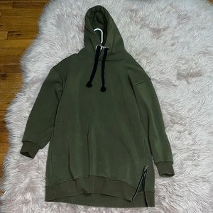 Oversized olive green hooded sweatshirt with side zipper